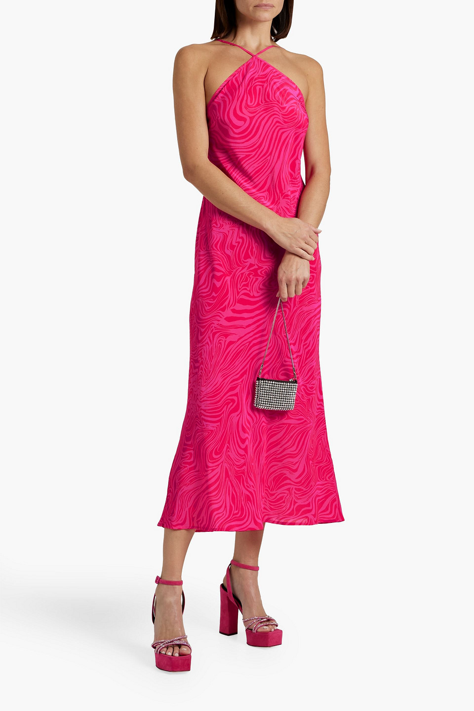 Shop Rixo London Opal Printed Silk-crepe Midi Dress In Fuchsia