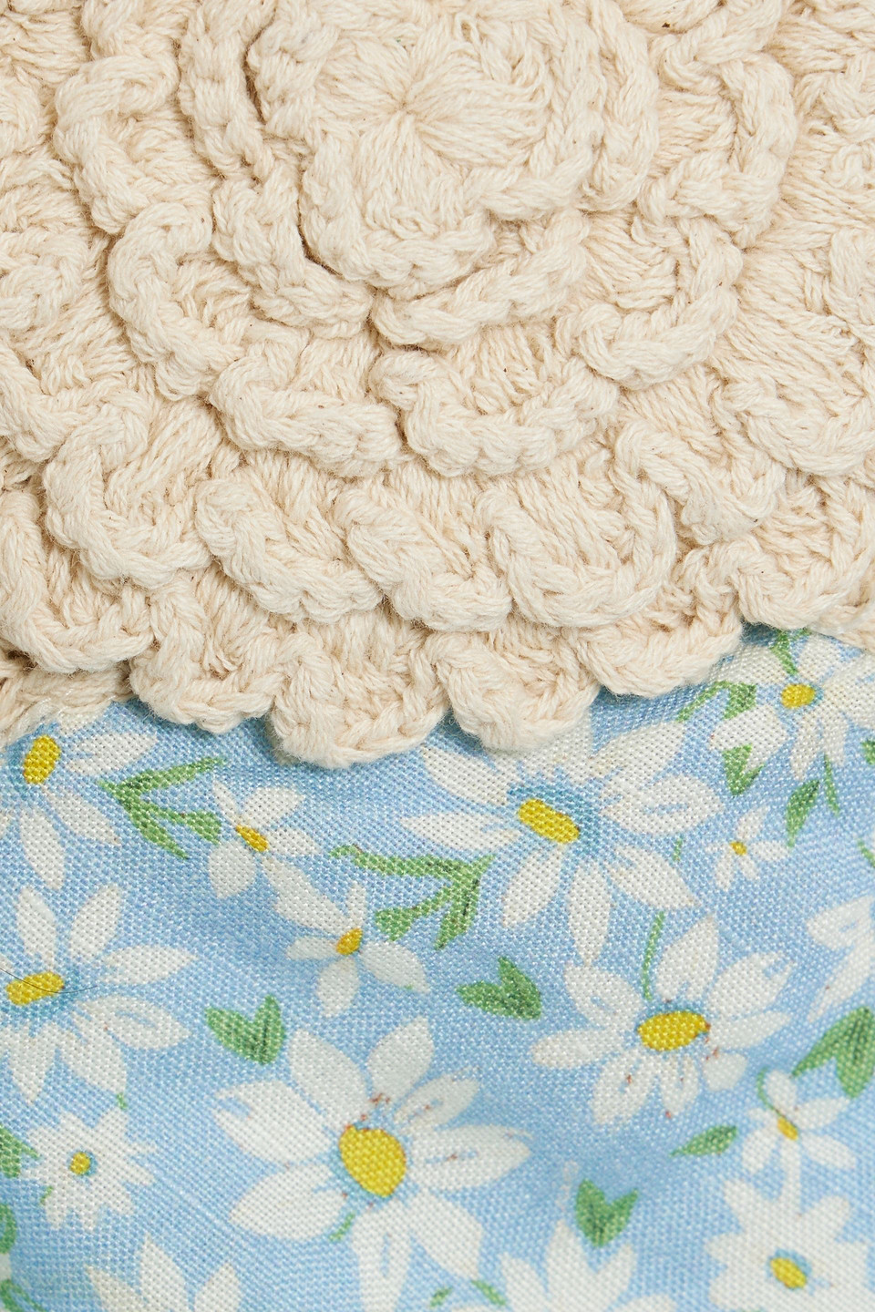 Rixo London Sardinia Crochet-paneled Floral-print Linen-blend Midi Dress In Light Blue
