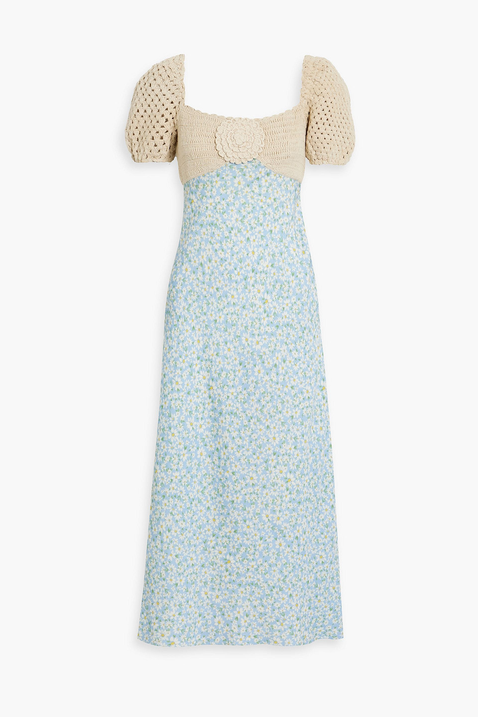 Rixo London Sardinia Crochet-paneled Floral-print Linen-blend Midi Dress In Light Blue