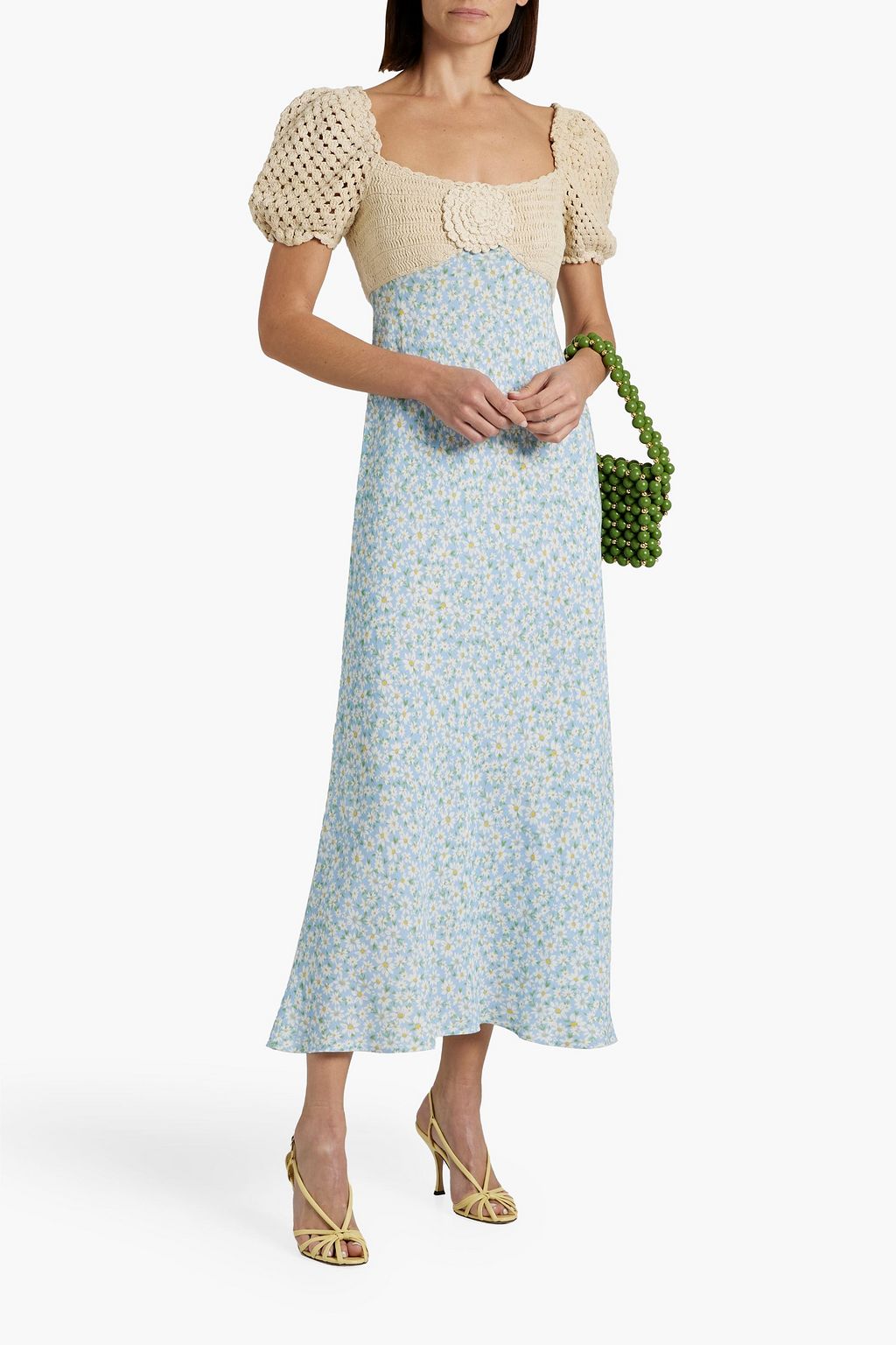 RIXO Sardinia crochet-paneled floral-print linen-blend midi dress