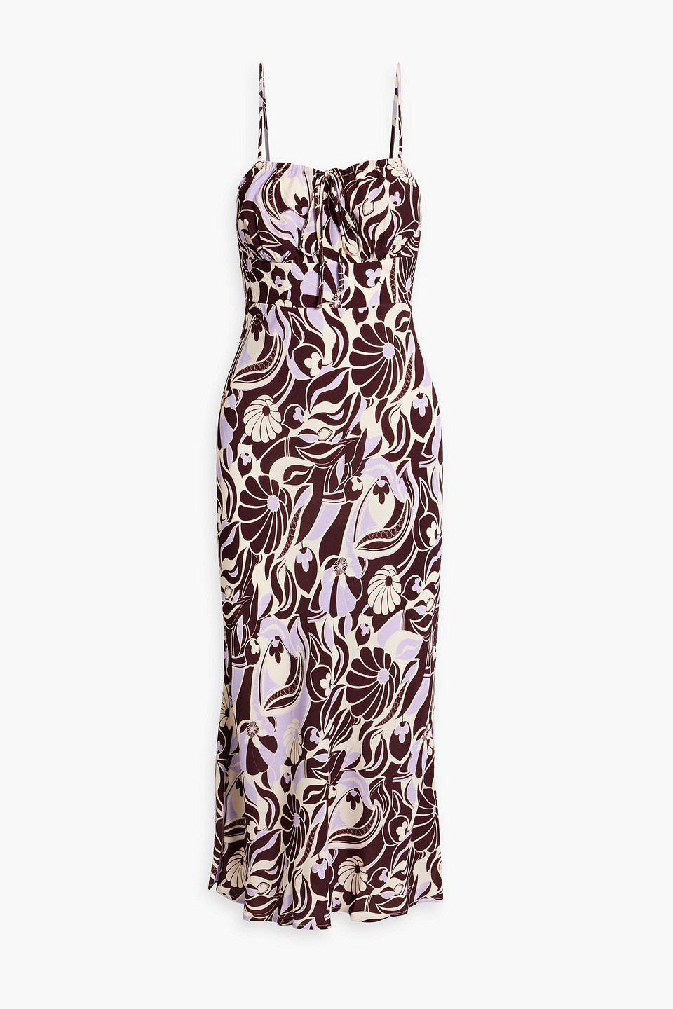 Rixo London Maeve Gathered Printed Crepe Midi Dress In Brown