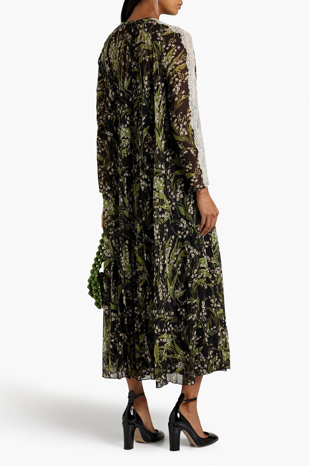 REDVALENTINO Lace-trimmed pleated floral-print chiffon maxi dress