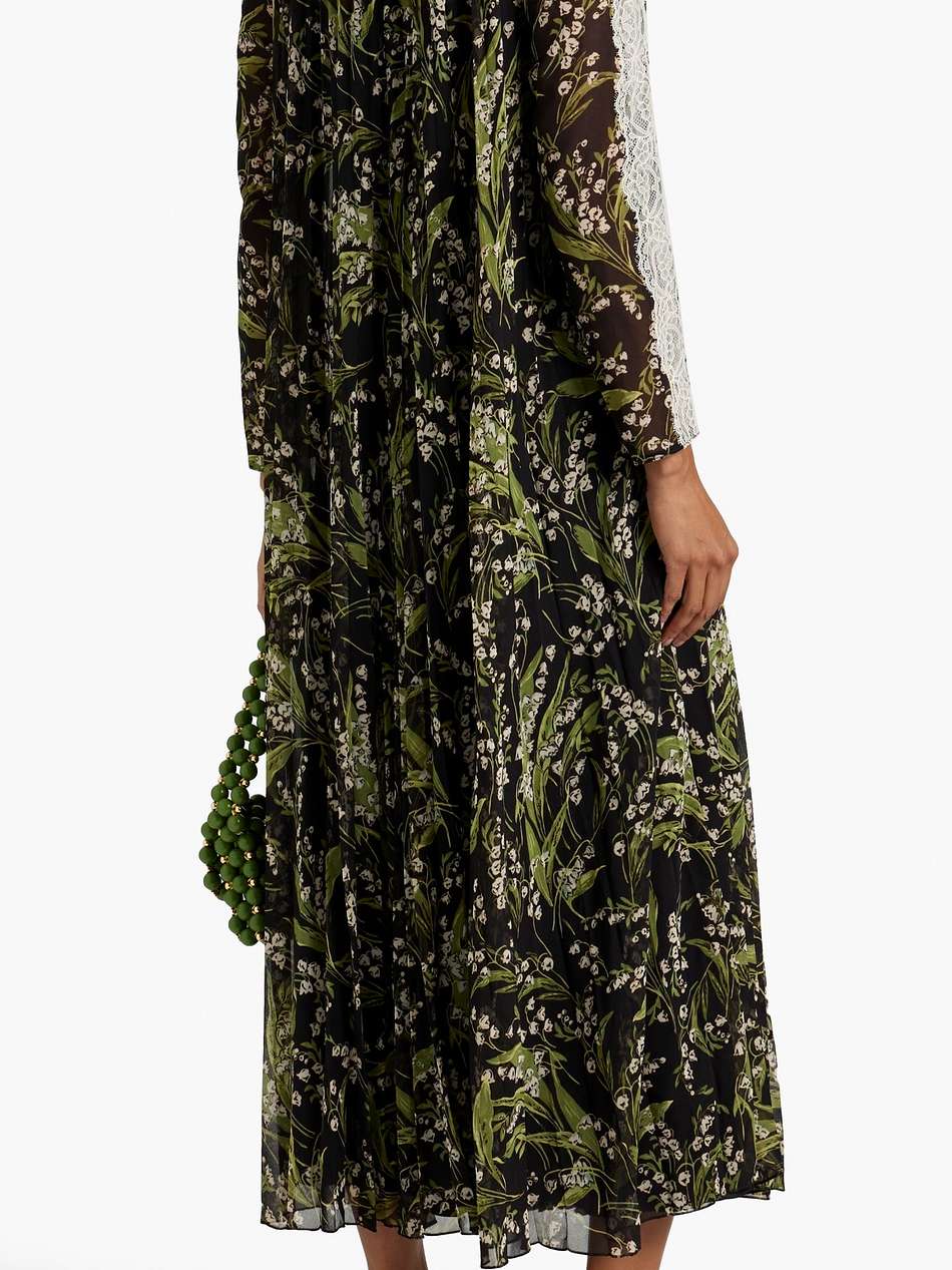 lace-trimmed pleated floral-print chiffon maxi dress