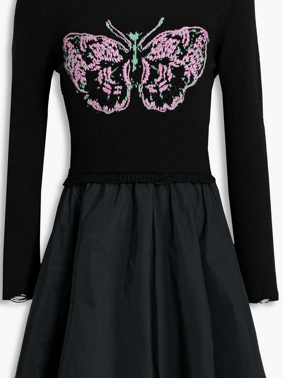 embroidered distressed knitted and taffeta mini dress