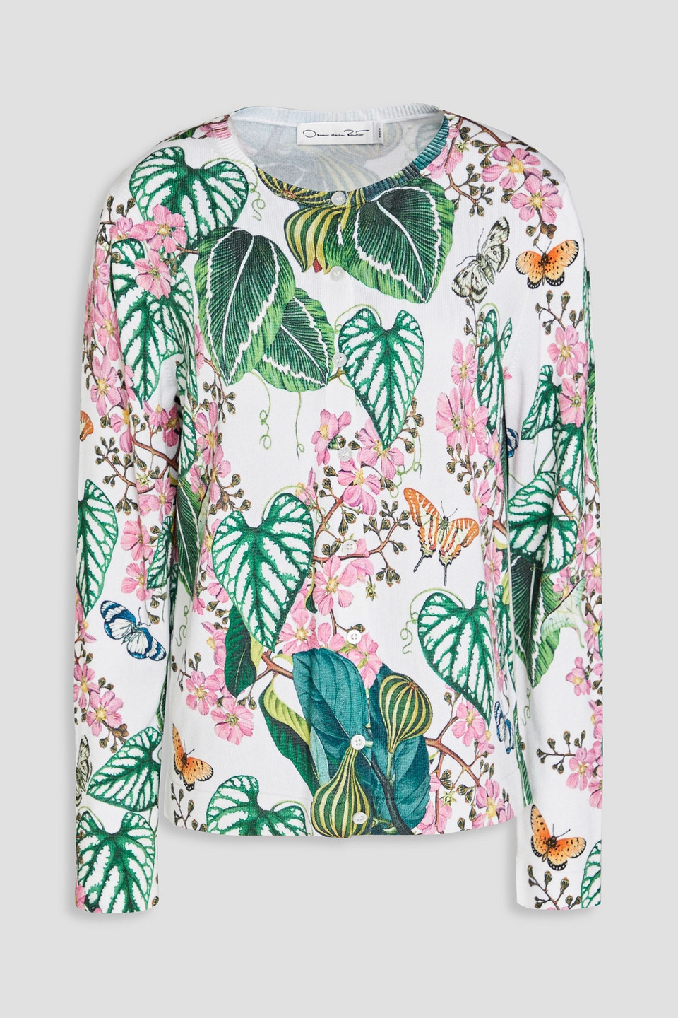 Oscar De La Renta Floral Cotton-blend Knit Cardigan In Elfenbein