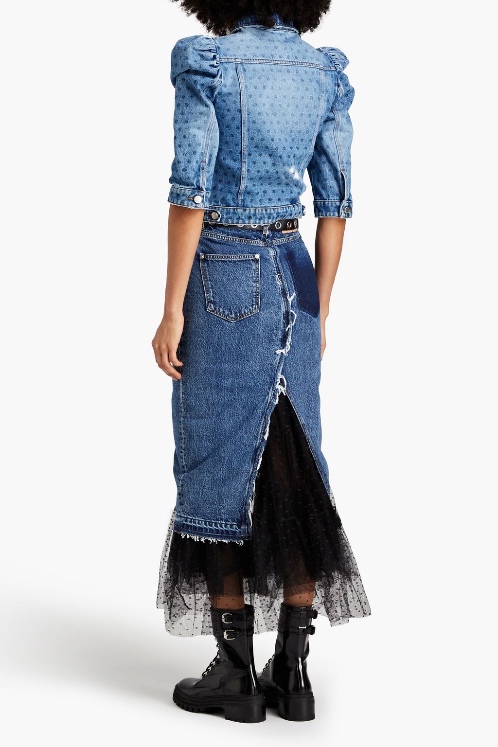 REDVALENTINO Layered point d'esprit and denim maxi skirt