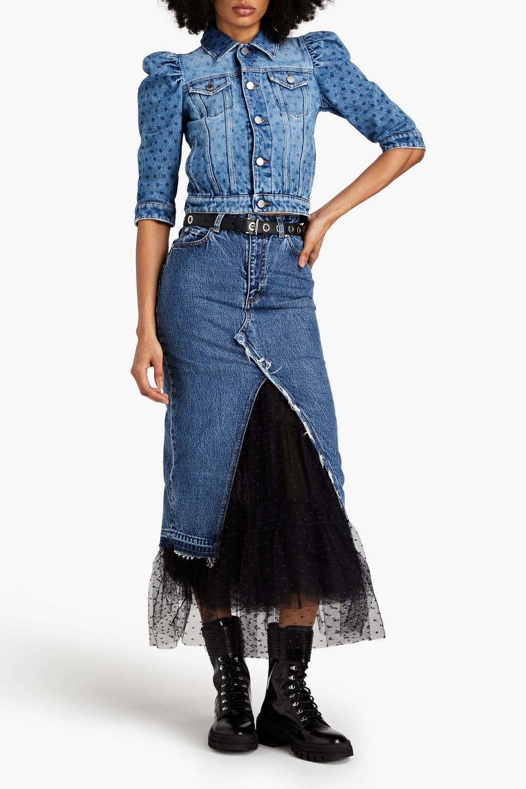 REDVALENTINO Layered point d'esprit and denim maxi skirt