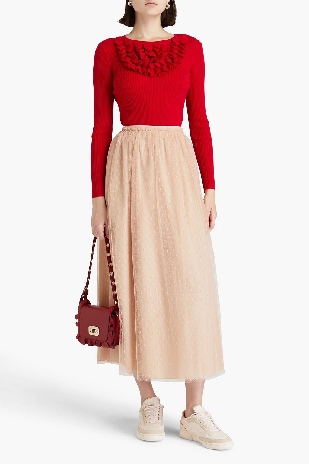 REDVALENTINO تنورة متوسطة الطول مصنوعة من قماش بوان ديسبري ومزينة بكسرات