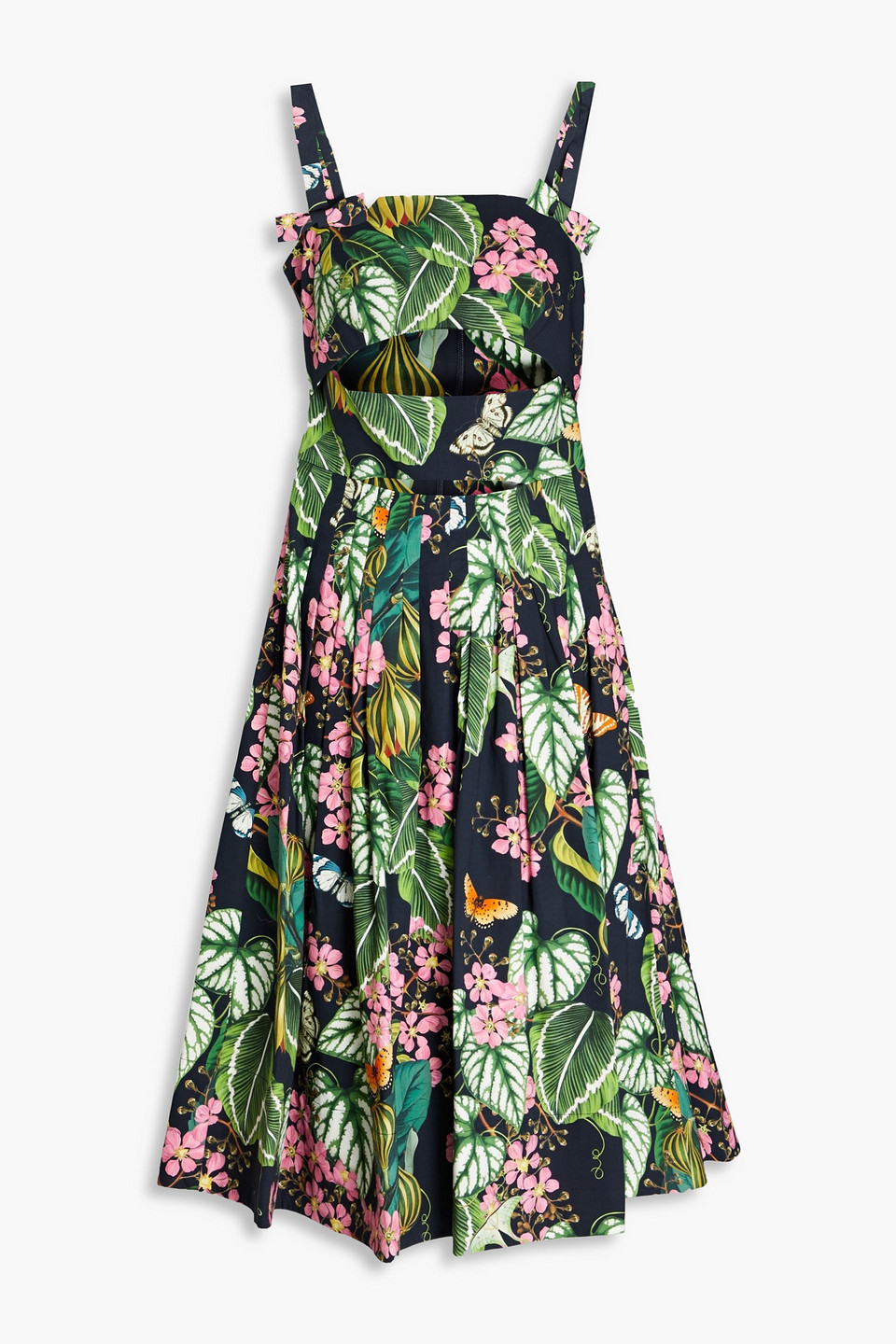 Oscar De La Renta Pleated Botanical Print Cutout Stretch Cotton Midi Dress In Navy