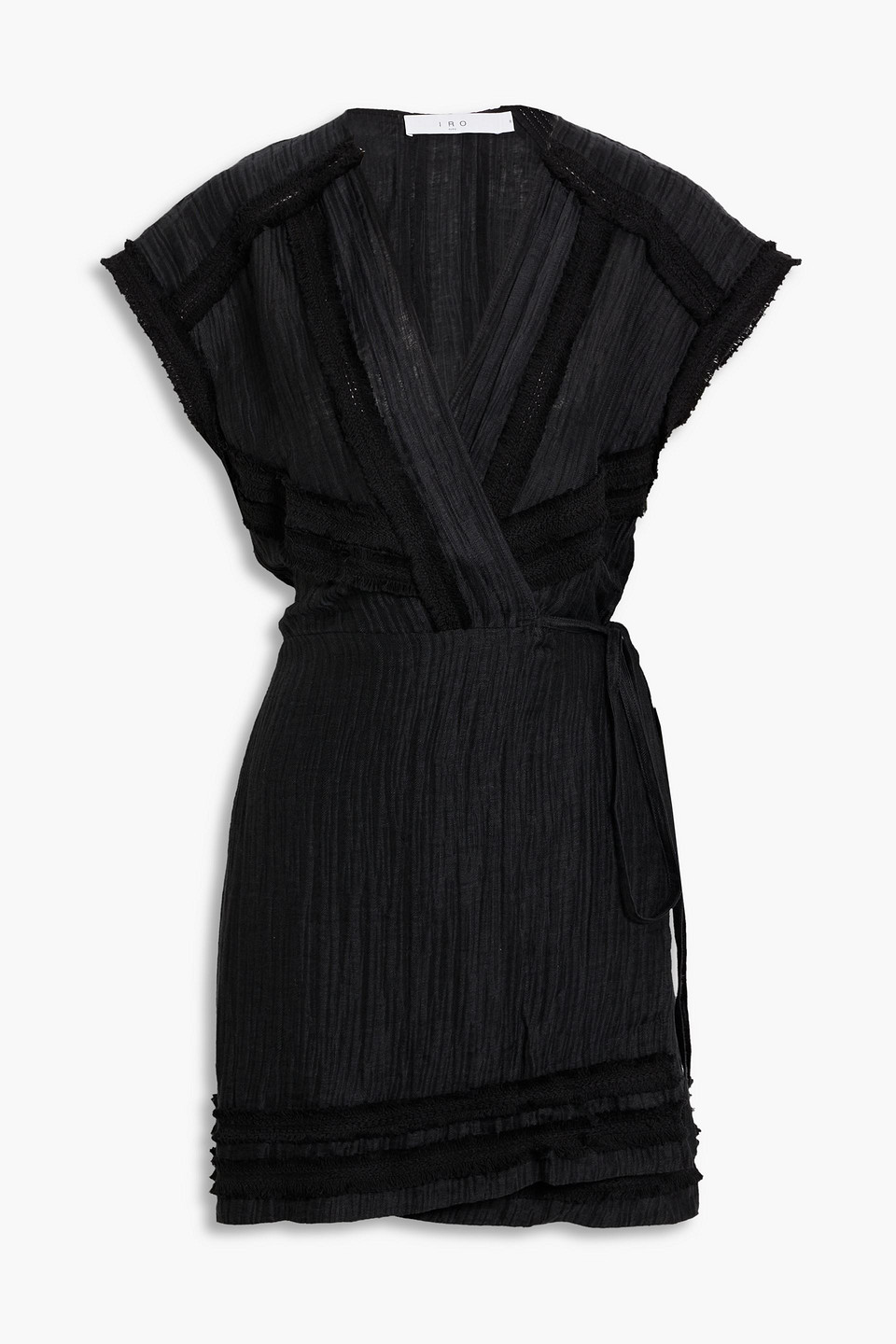 Shop Iro Casalia Frayed Linen-blend Mini Wrap Dress In Black