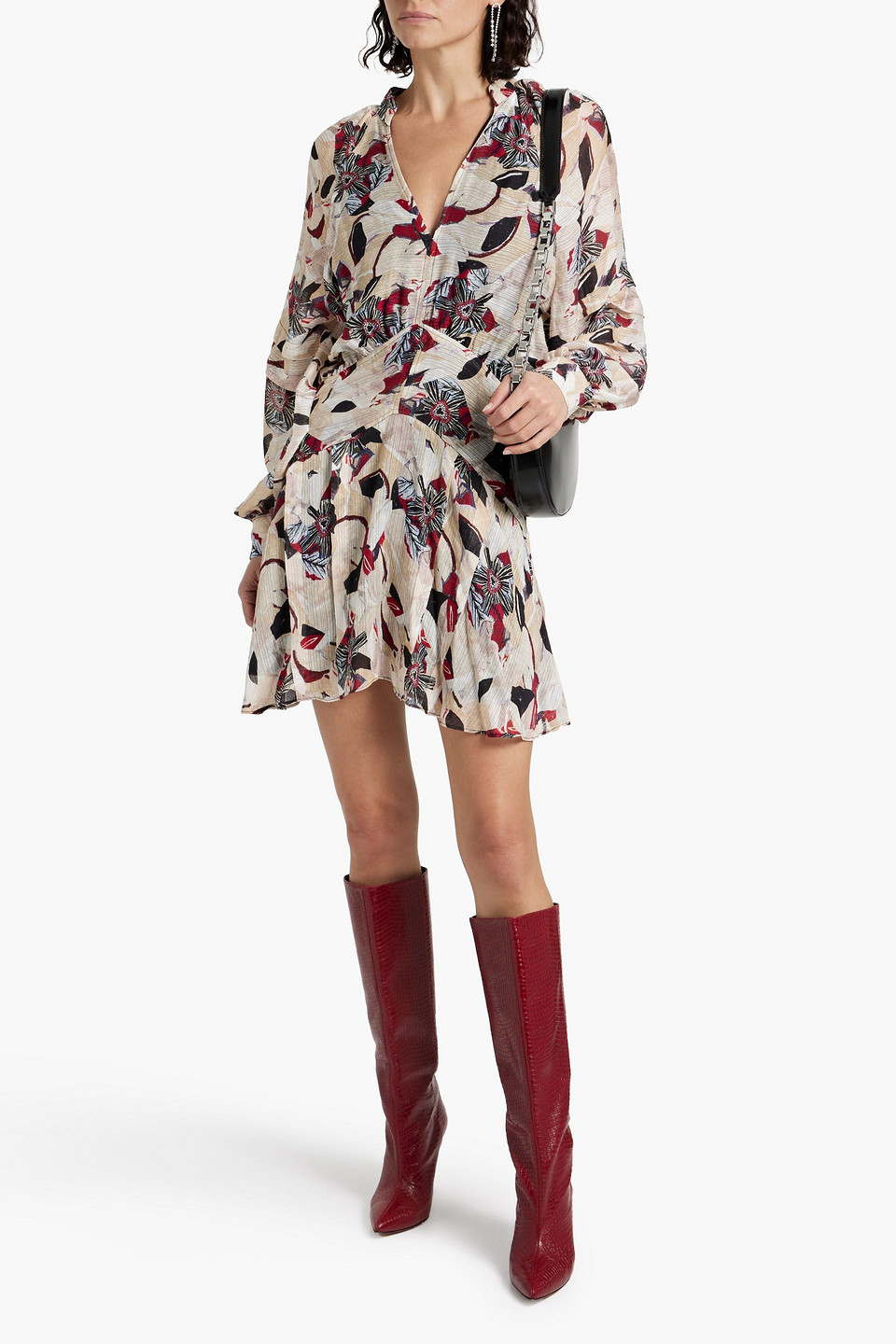 Iro Darsa Floral Tiered Mini Dress With Stand Collar In Beige
