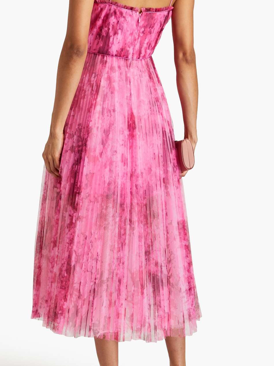 pleated printed tulle midi dress
