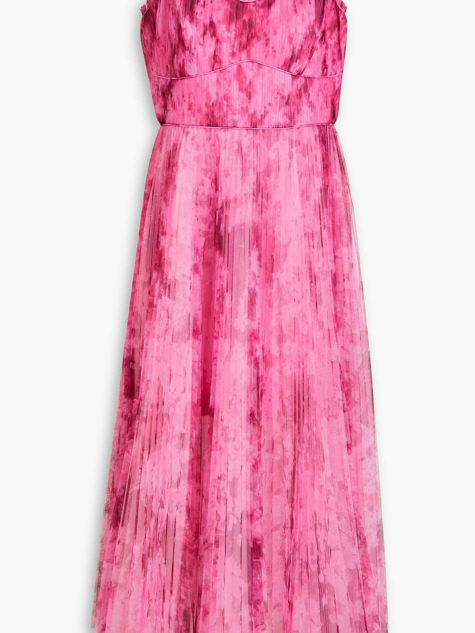 pleated printed tulle midi dress