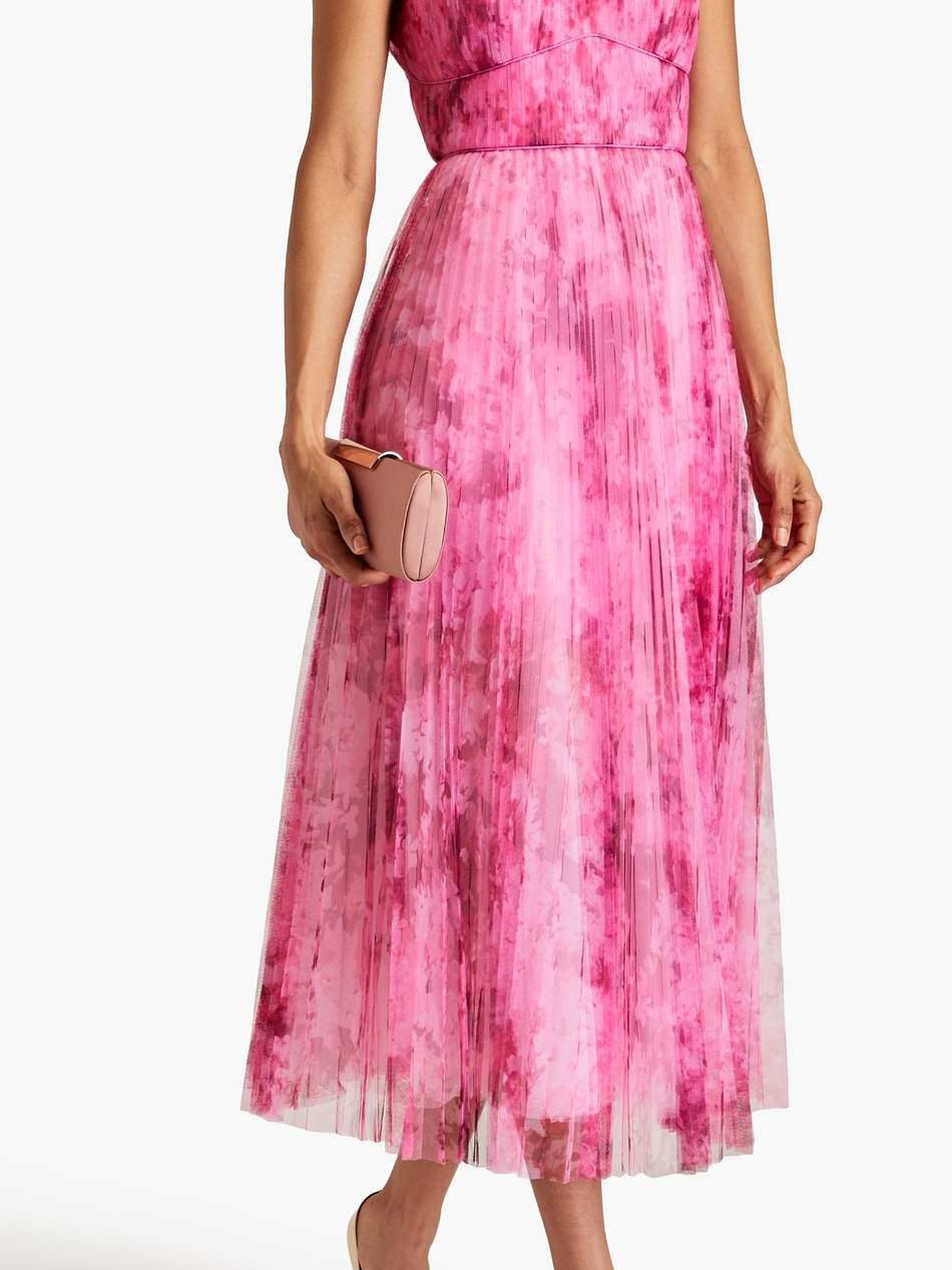 pleated printed tulle midi dress