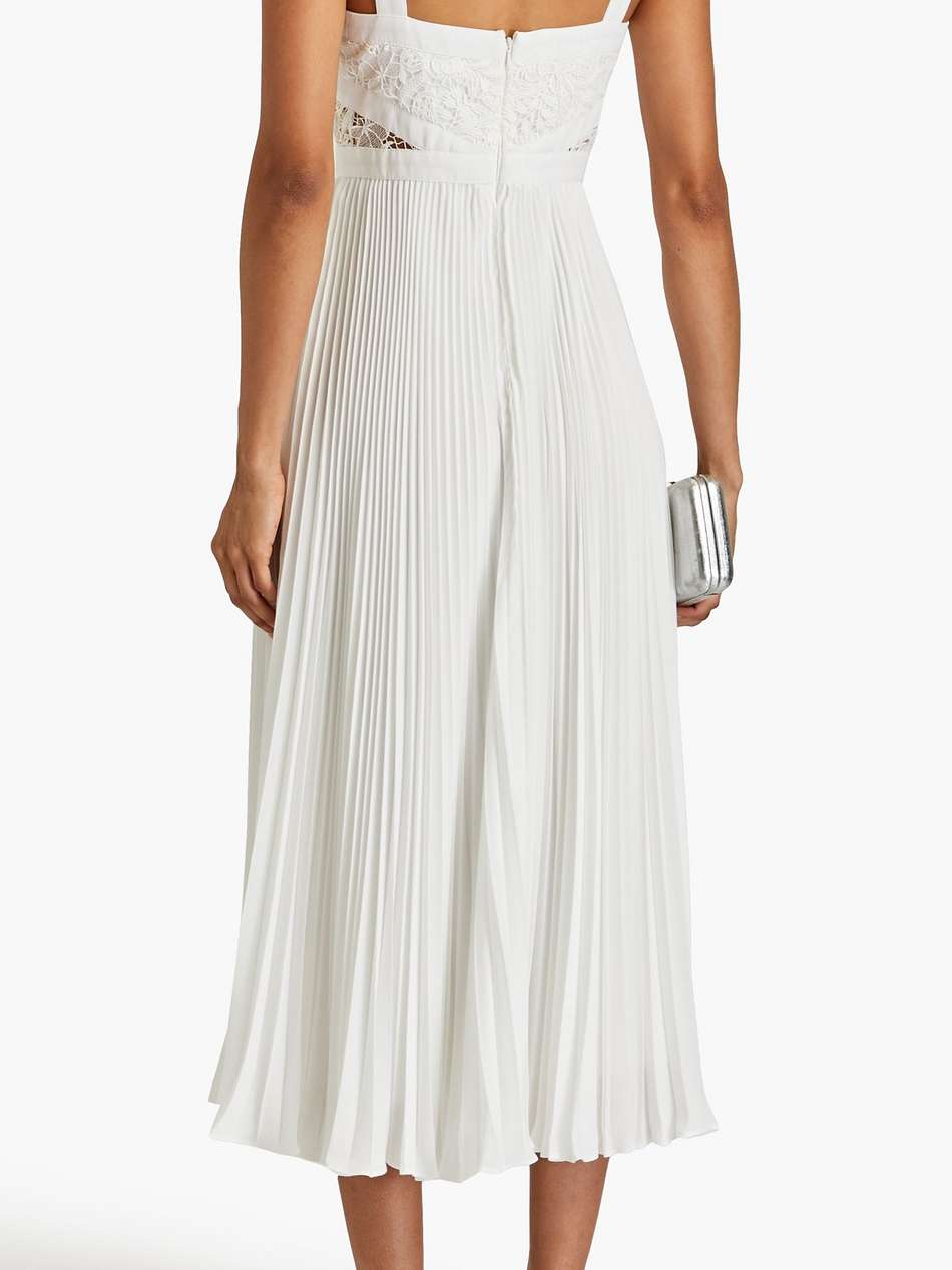 guipure lace-paneled pleated crepe midi dress