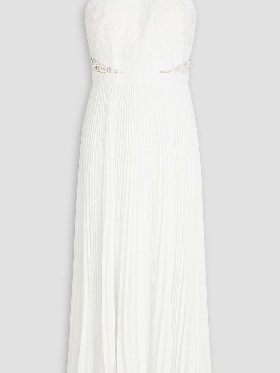 guipure lace-paneled pleated crepe midi dress