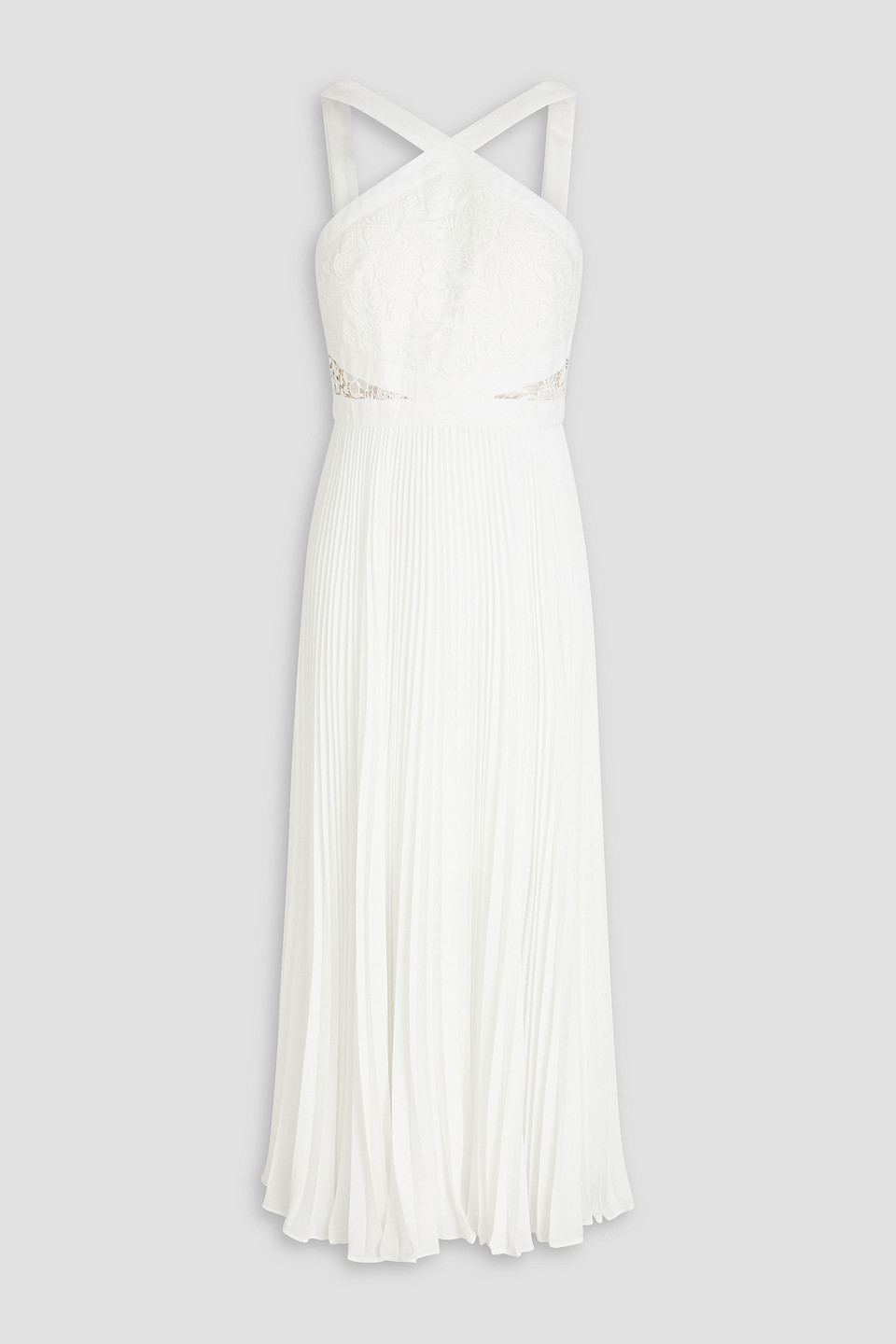 ml Monique Lhuillier Guipure Lace-paneled Pleated Crepe Midi Dress In Ivory