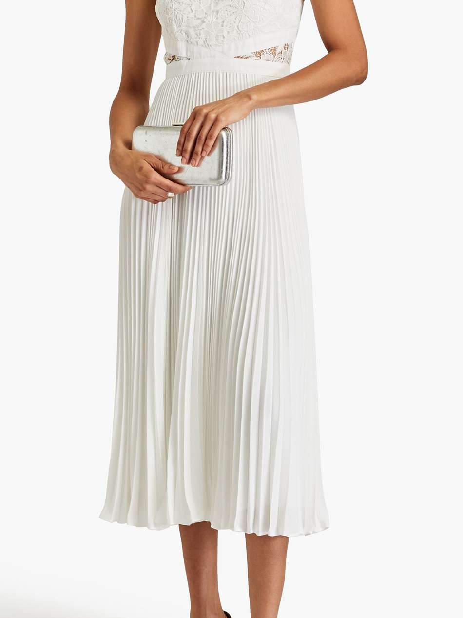 guipure lace-paneled pleated crepe midi dress
