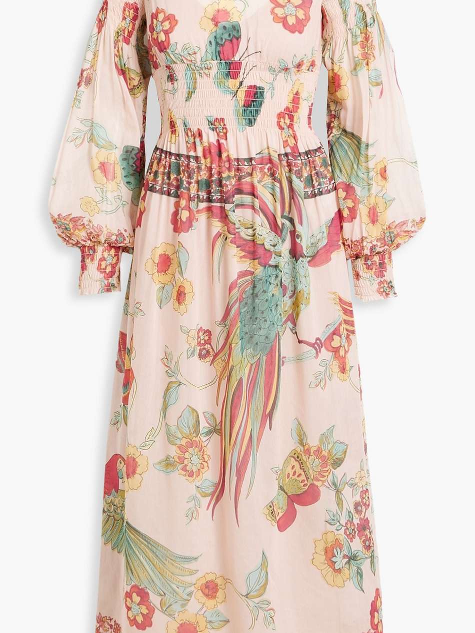 shirred floral-print voile midi dress