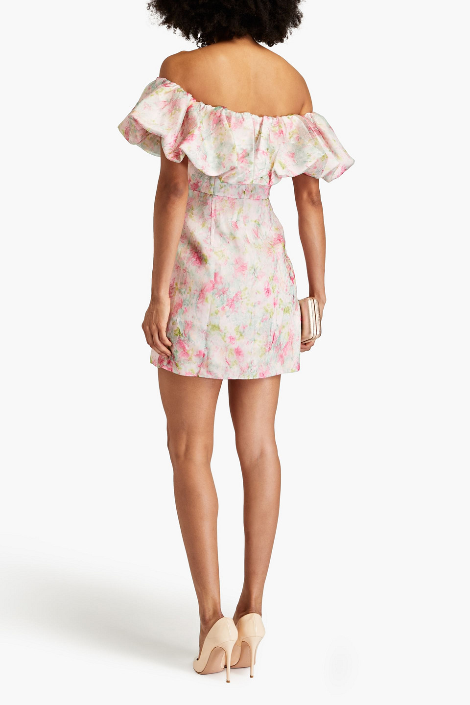 Shop ml Monique Lhuillier Off-the-shoulder Ruffled Printed Organza Mini Dress In Baby Pink