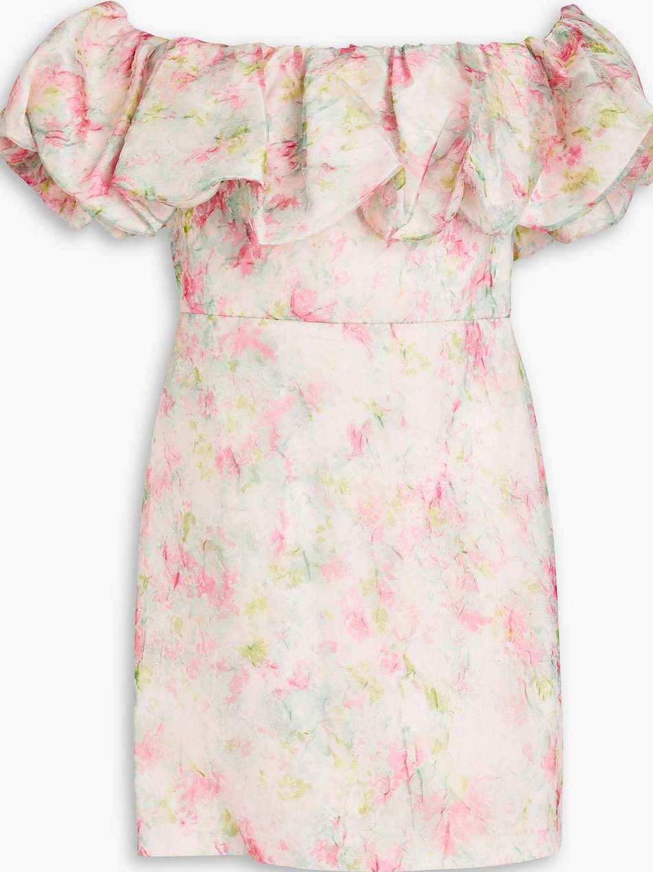 off-the-shoulder ruffled printed organza mini dress