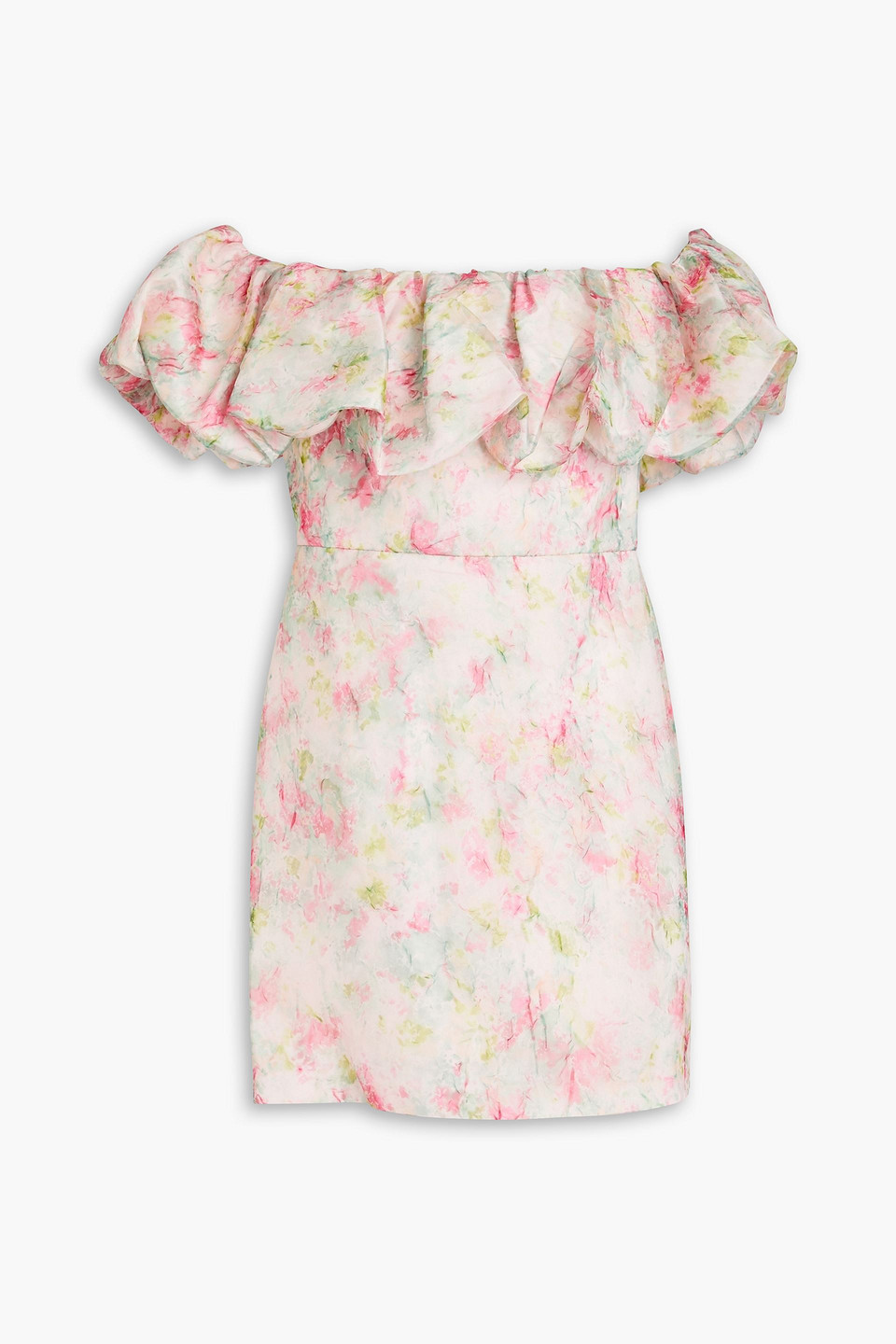 Off-the-shoulder ruffled printed organza mini dress