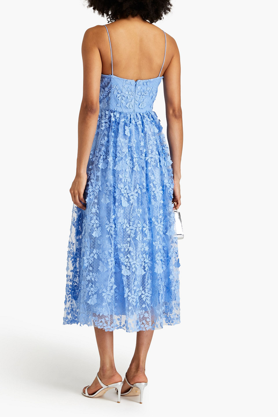 Shop ml Monique Lhuillier Gathered Guipure Lace Midi Dress In Light Blue