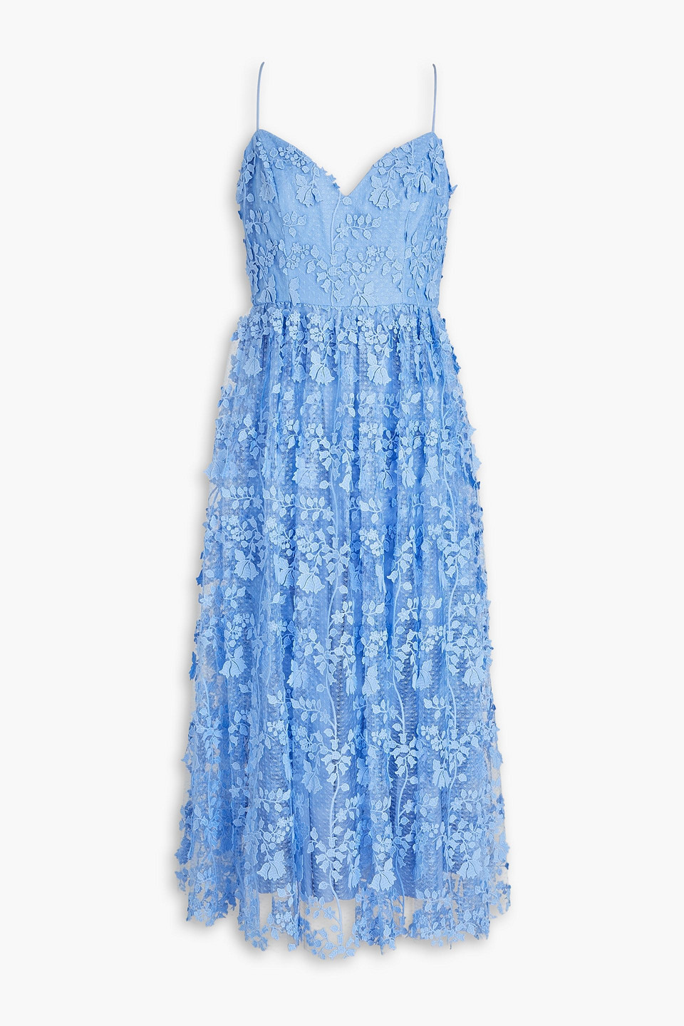 Shop ml Monique Lhuillier Gathered Guipure Lace Midi Dress In Light Blue