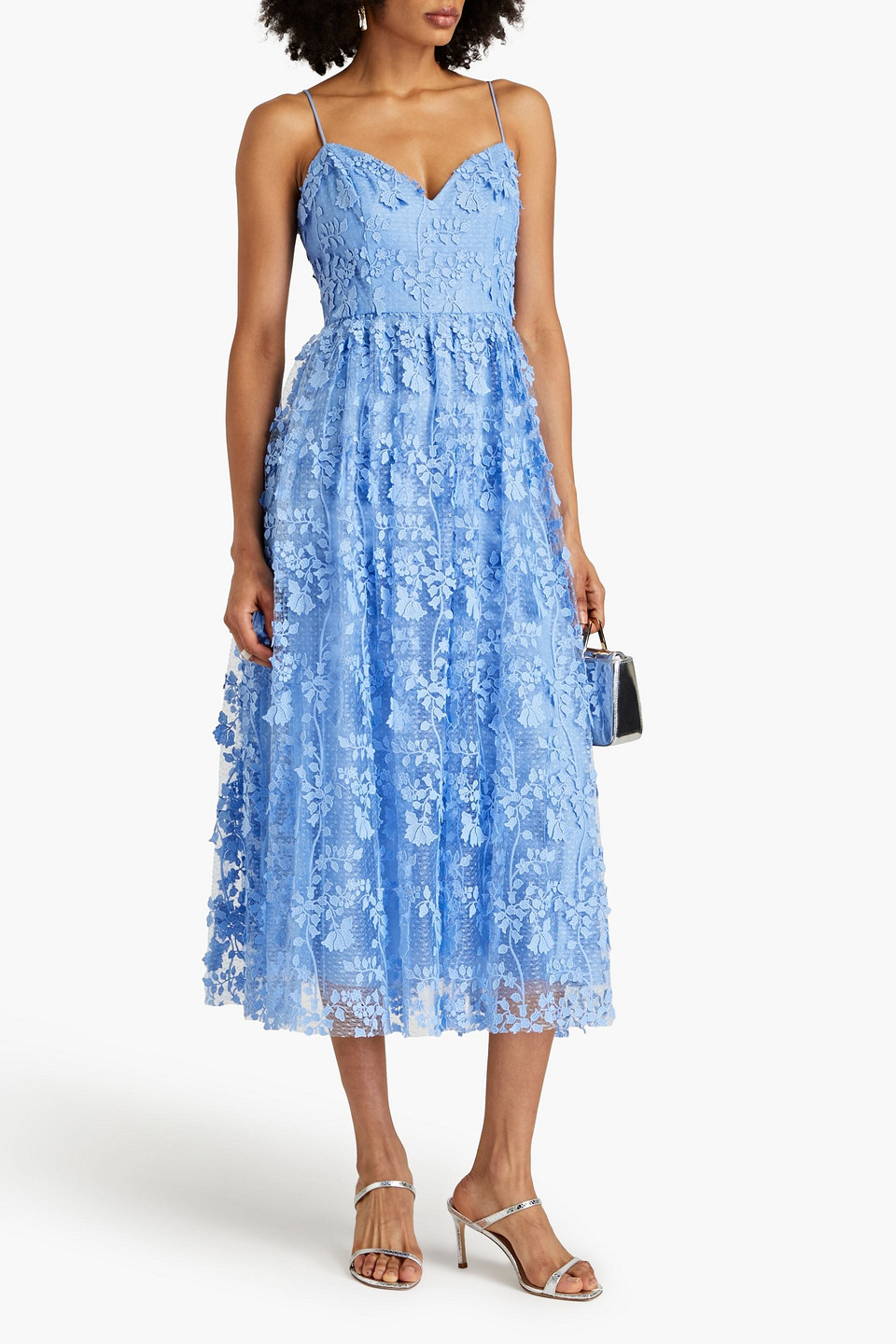 Shop ml Monique Lhuillier Gathered Guipure Lace Midi Dress In Light Blue