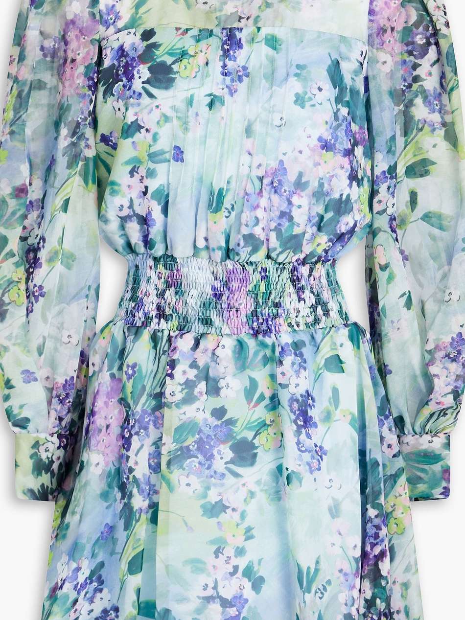 shirred floral-print chiffon mini dress