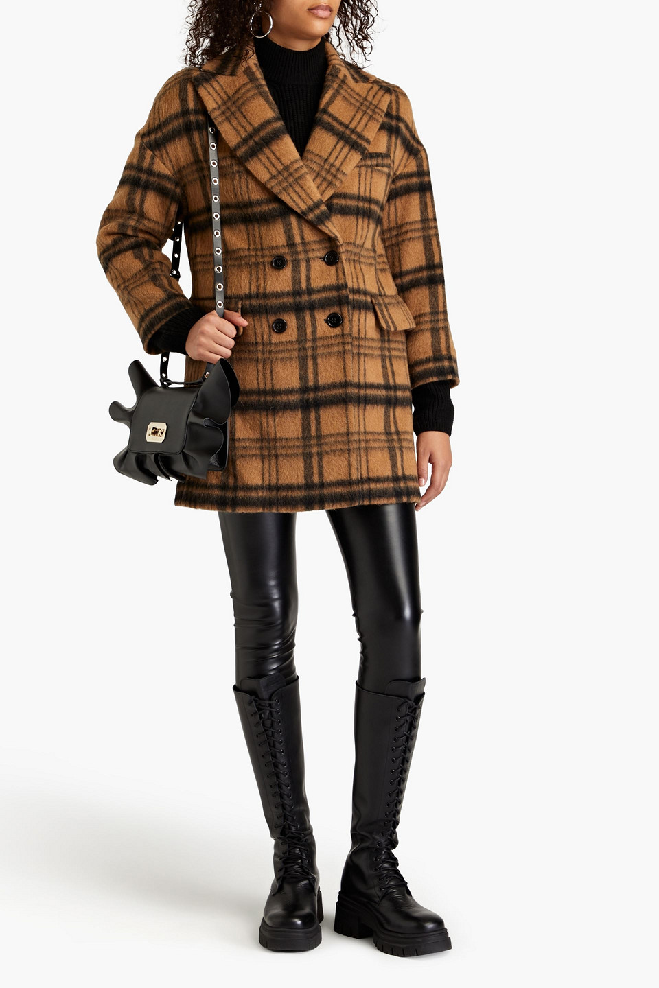 Red Valentino Double-breasted Checked Brushed Wool-blend Felt Coat In Camel