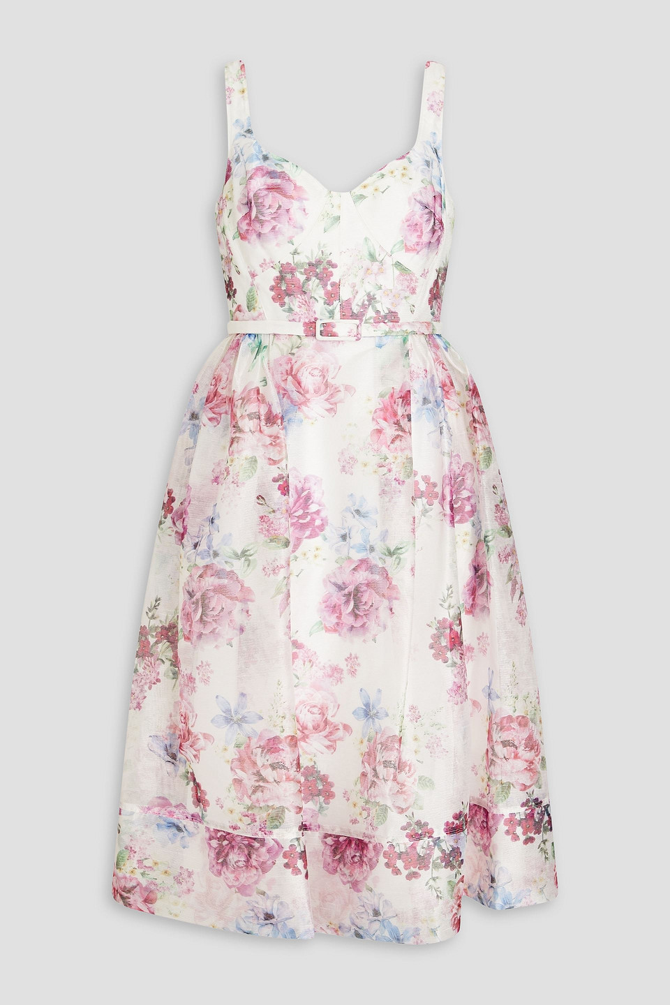 Gathered floral-print organza dress