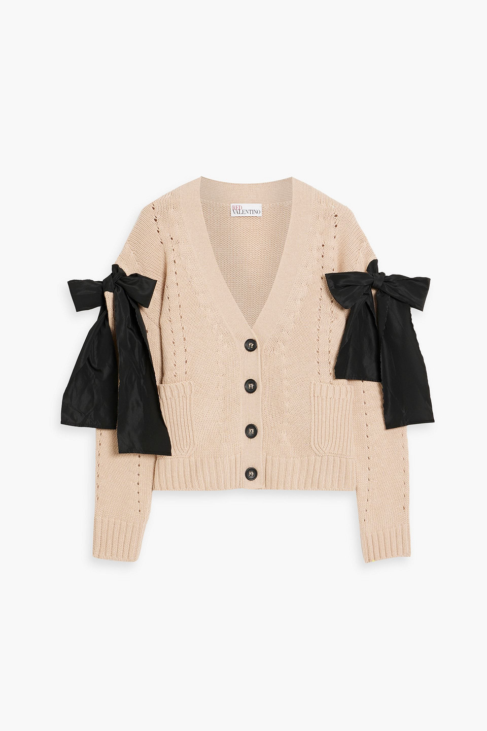 Shop Red Valentino Bow-detailed Pointelle-knit Cardigan In Sand