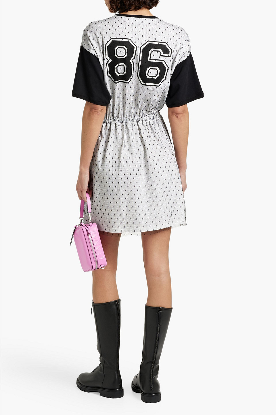 Red Valentino Printed Point D'esprit And Cotton-jersey Mini Dress In Black