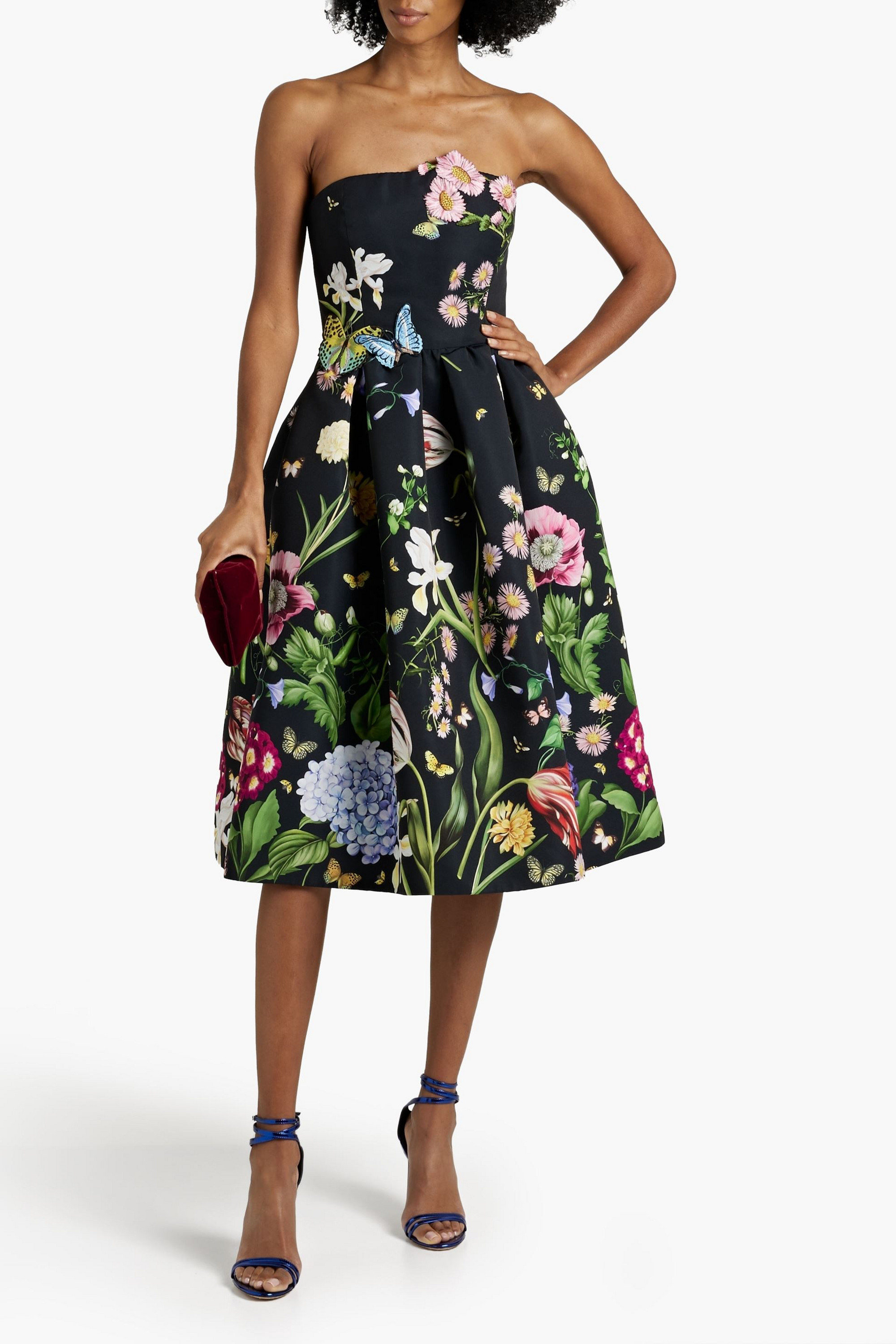 Oscar de la Renta Strapless floral-print faille midi dress