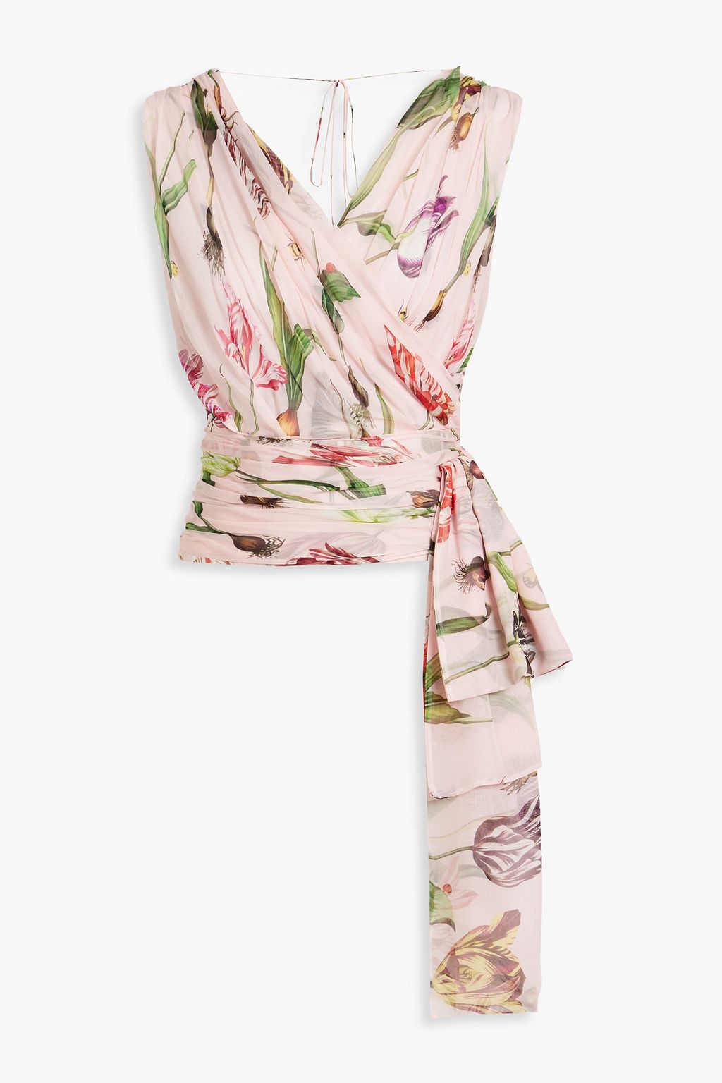 Oscar de La Renta Wrap-effect Draped Floral-Print Silk-chiffon Top - Women - Baby Pink Tops - US 4