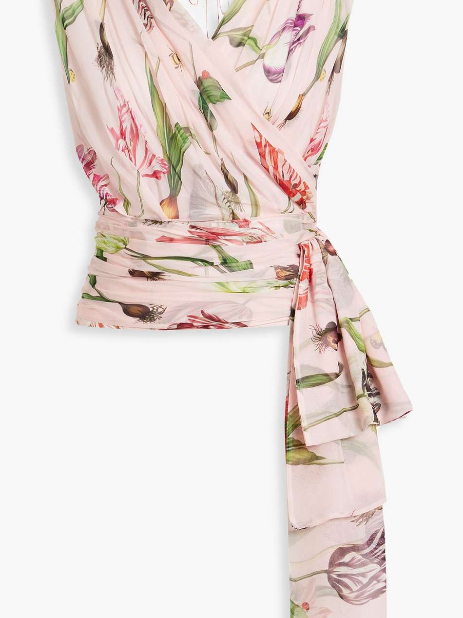 wrap-effect draped floral-print silk-chiffon top