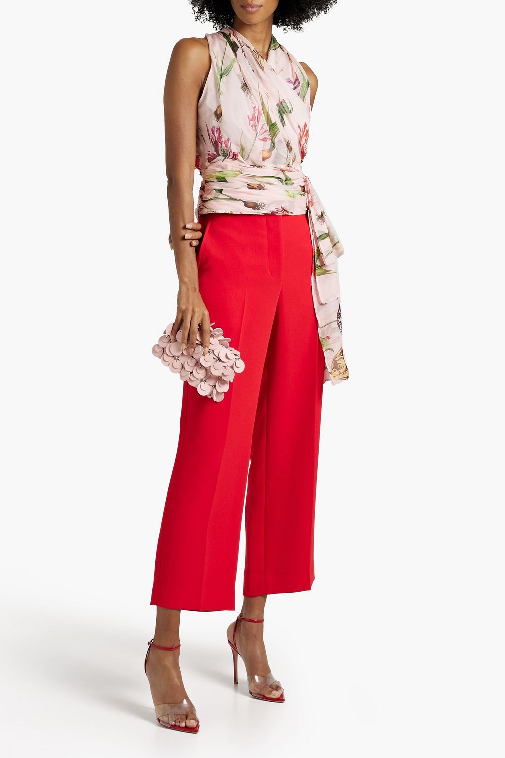 OSCAR DE LA RENTA 랩 스타일 드레이프 플로럴 프린트 실크 시폰 탑