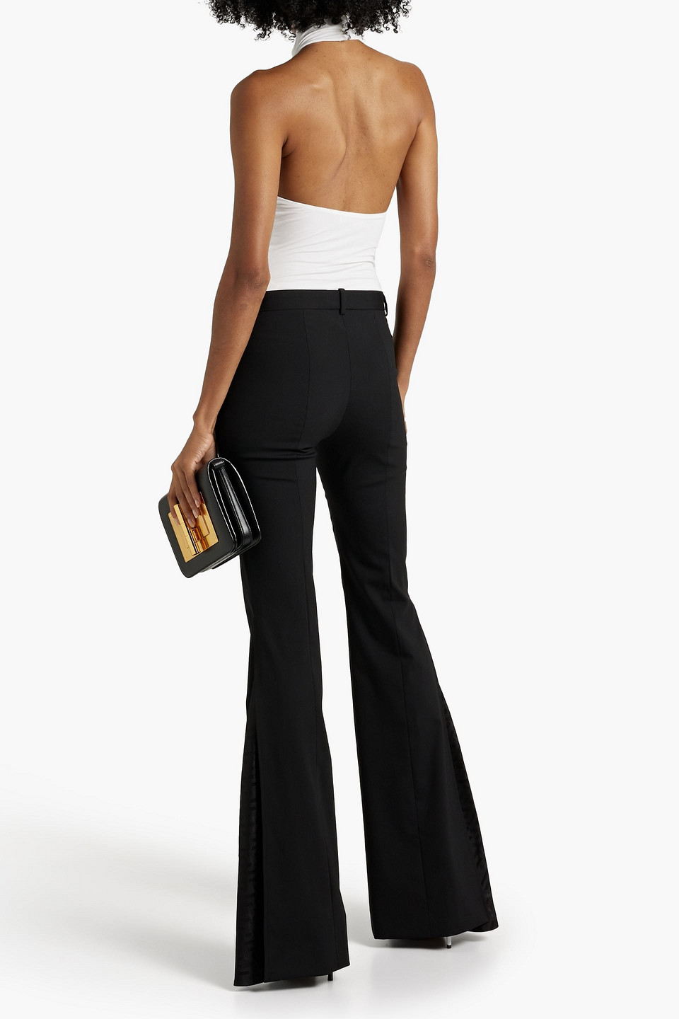 Shop Versace Silk Jacquard-paneled Grain De Poudre Wool-blend Flared Pants In Black