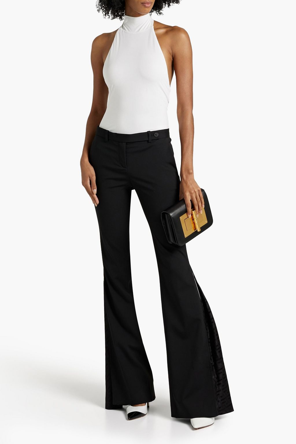 VERSACE Silk jacquard-paneled grain de poudre wool-blend flared pants