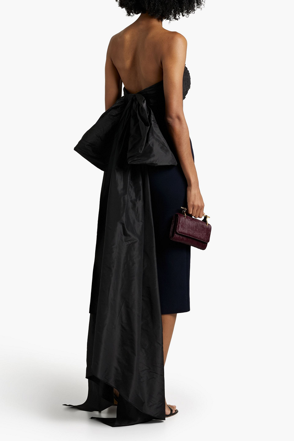 Shop Oscar De La Renta Strapless Bow-embellished Silk-taffeta And Stretch-knit Dress In Midnight Blue