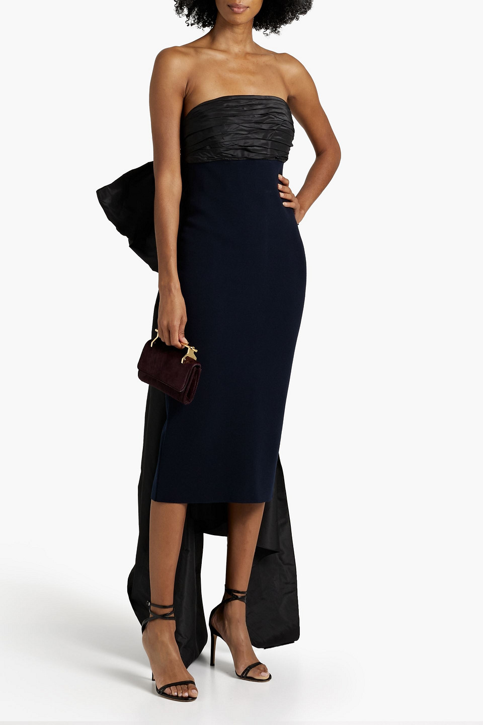 Shop Oscar De La Renta Strapless Bow-embellished Silk-taffeta And Stretch-knit Dress In Midnight Blue