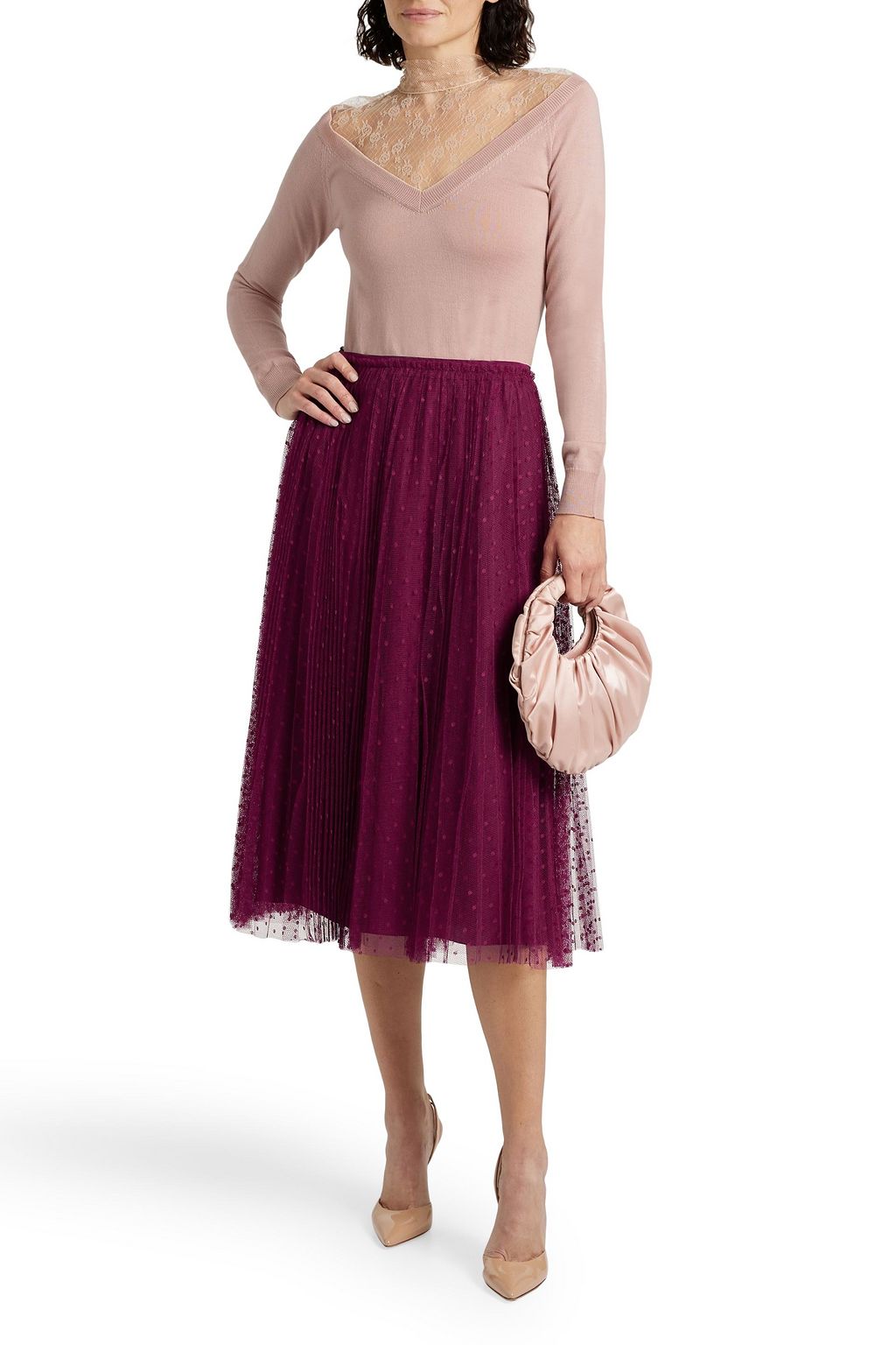 REDVALENTINO Pleated point d'esprit midi skirt