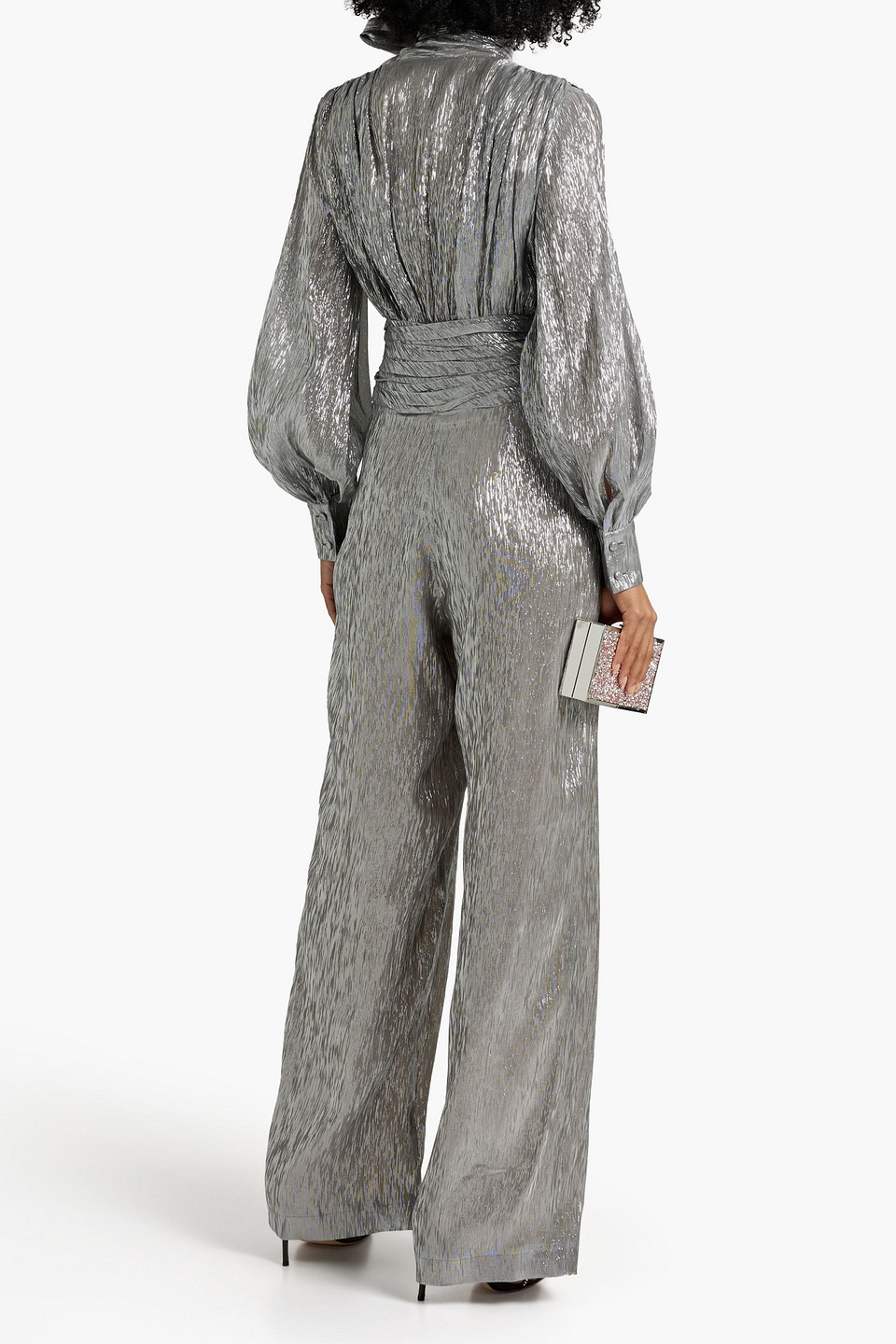 Shop Oscar De La Renta Gathered Metallic Silk-blend Jumpsuit In Silver