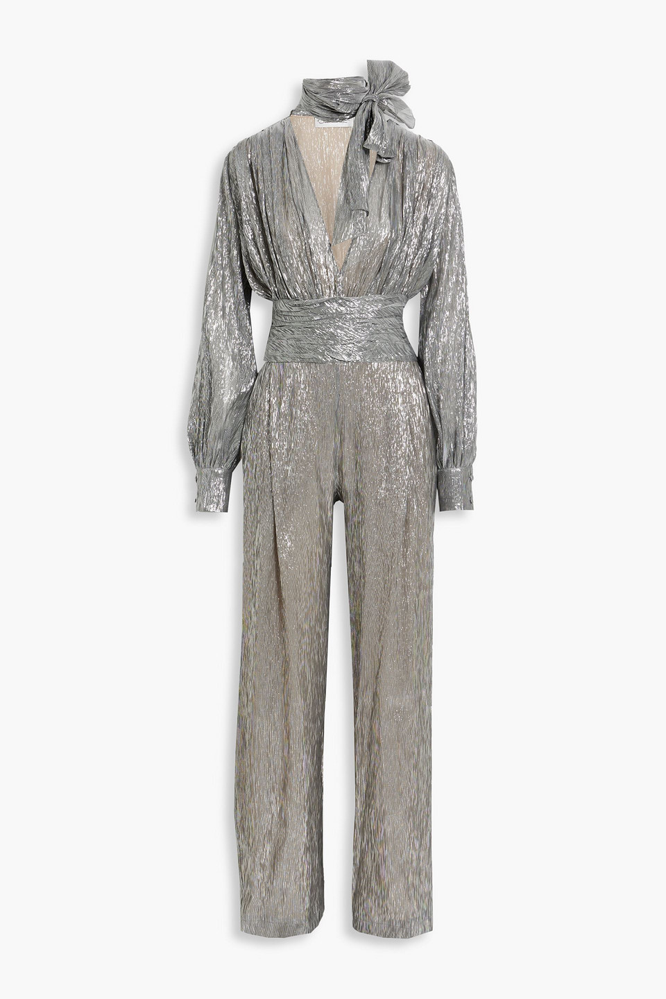 Oscar De La Renta Gathered Metallic Silk-blend Jumpsuit In Silver