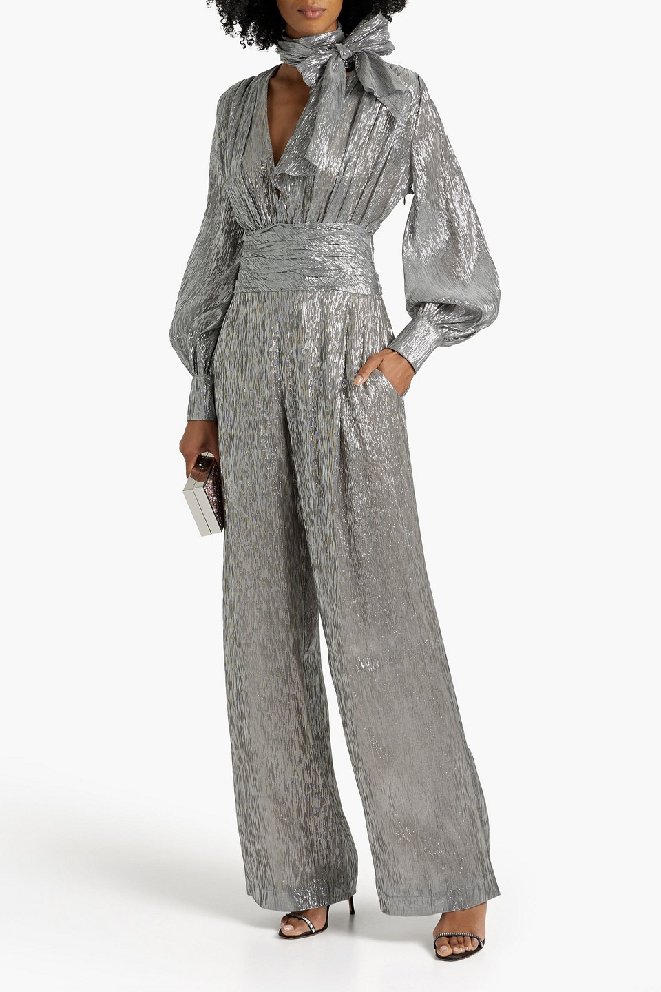 Shop Oscar De La Renta Gathered Metallic Silk-blend Jumpsuit In Silver