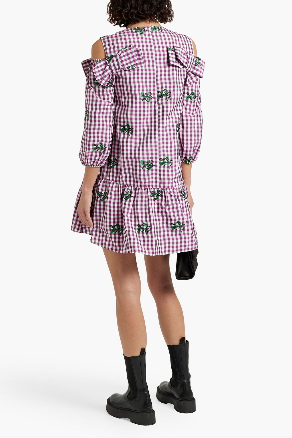REDVALENTINO Cold-shoulder embroidered gingham taffeta mini dress