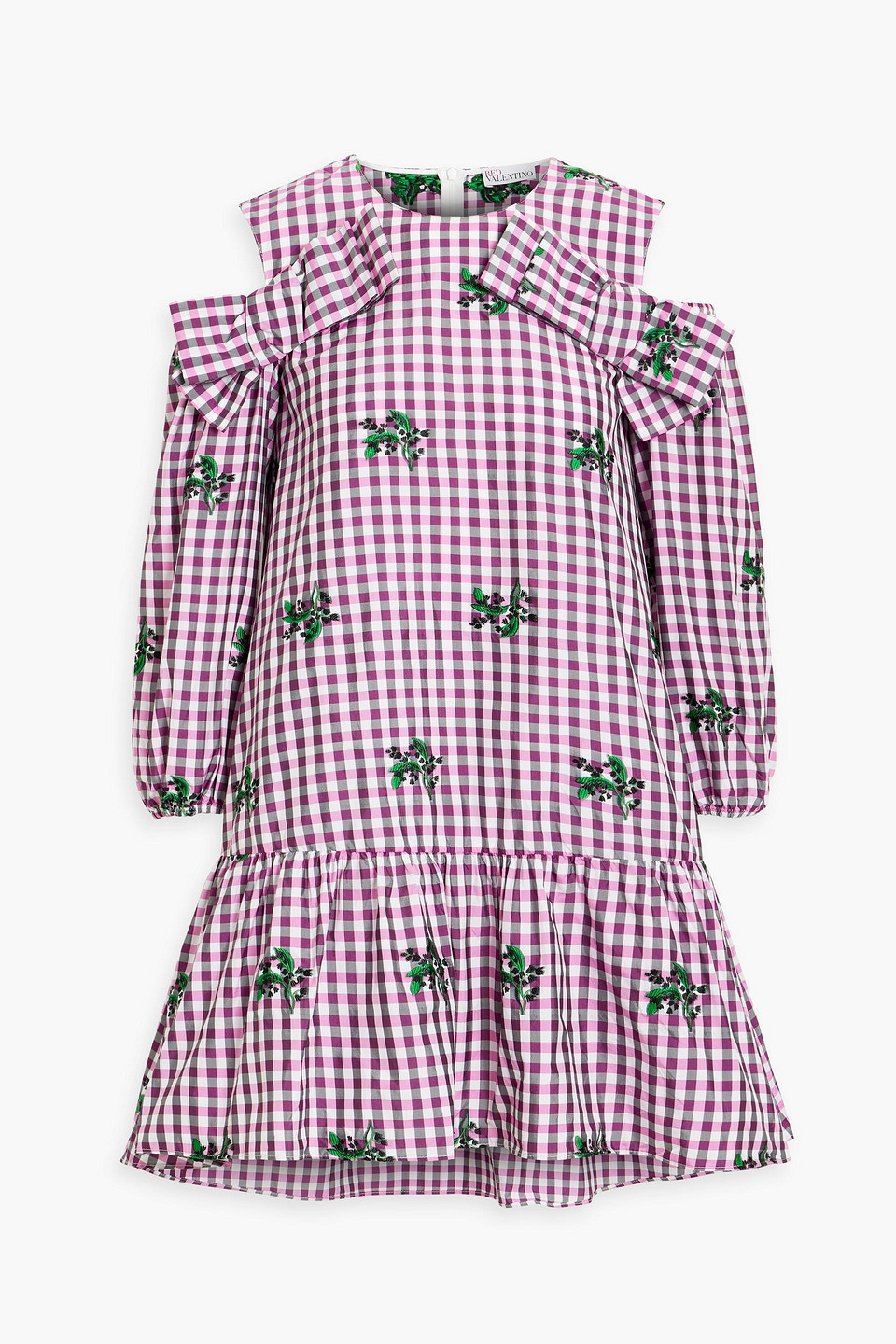 Red Valentino Cold-shoulder Embroidered Gingham Taffeta Mini Dress In Pink