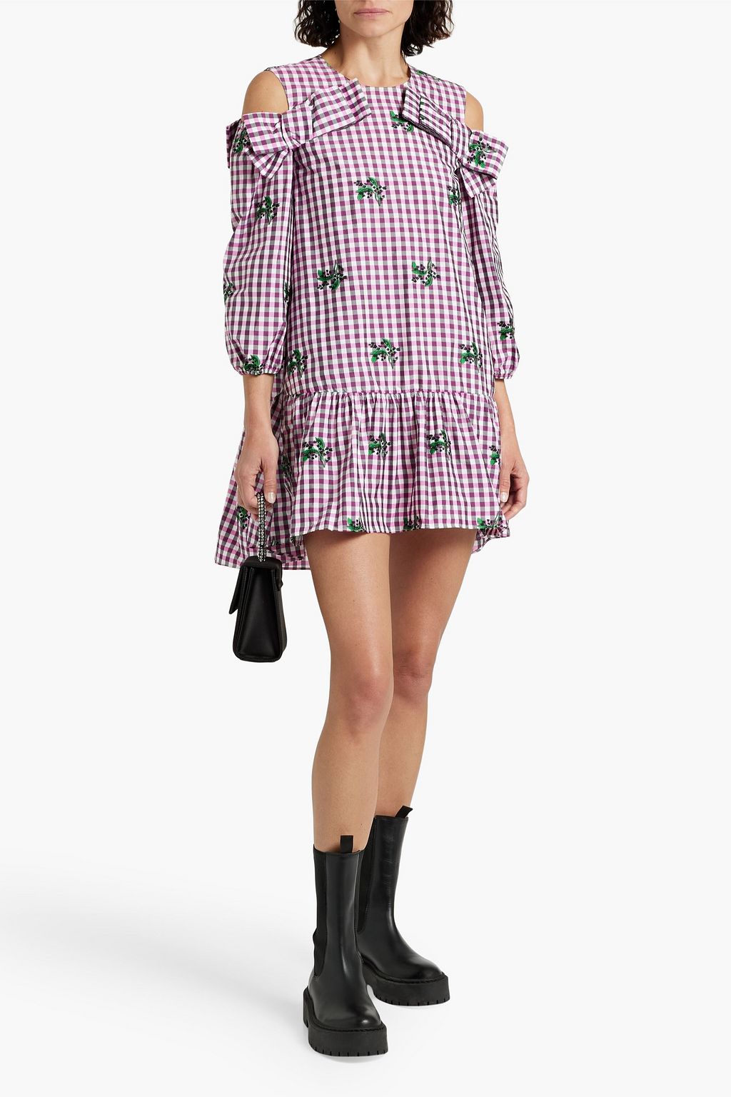 REDVALENTINO Cold-shoulder embroidered gingham taffeta mini dress