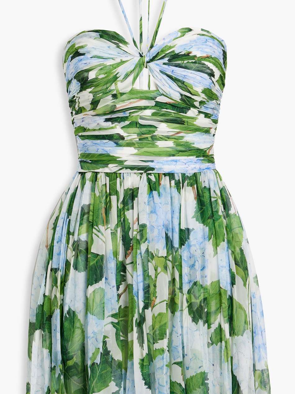 pleated floral-print silk-chiffon halterneck mini dress